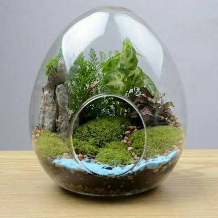 Glass jar miniature landscape terrarium built in a children craft workshop