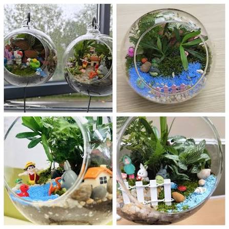 Hanging glass globe terrariums with miniature beach and forest scenes