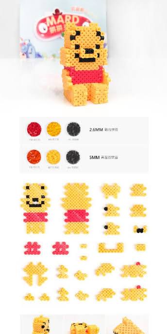 Mini perler bead bear figure next to its pixel pattern chart