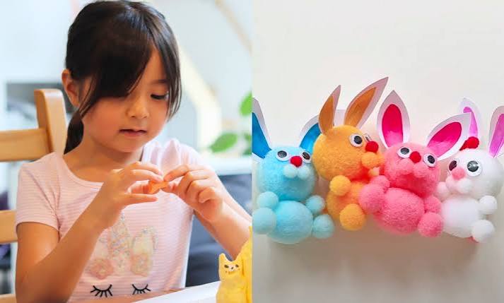 Girl making pom-pom bunny crafts at a kids DIY studio in Astoria Queens NYC
