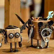 Junk style robots built from bolts springs and scrap metal parts