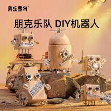 Punk robot band figures built from mixed salvaged materials